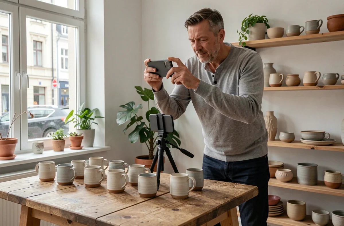 Vendeur indépendant photographiant ses céramiques artisanales pour sa boutique Etsy, représentant l'économie de partage numérique