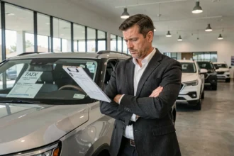 Vendeur automobile en concession examinant une fiche de prix incluant le malus écologique sur un grand SUV