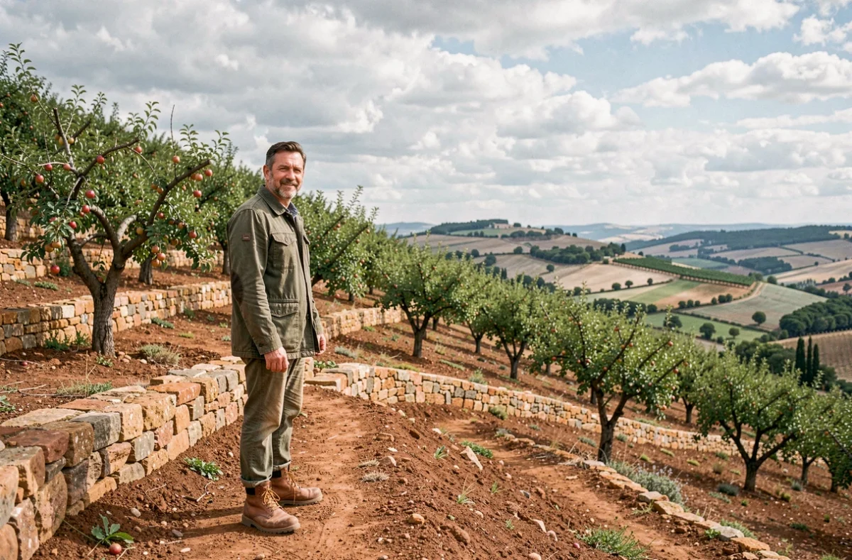 Arboriculteur dans un verger en terrasses sur une colline méditerranéenne avec rangées de poiriers