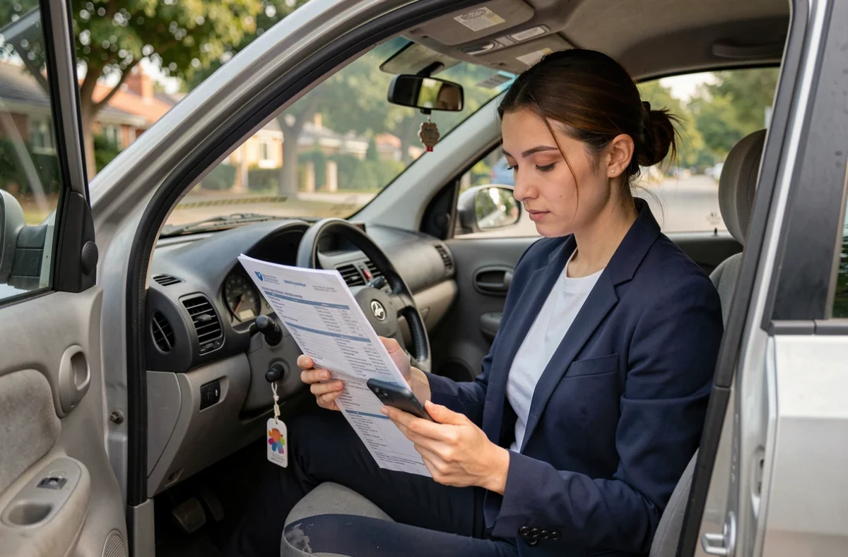Femme vérifiant l'historique d'un véhicule d'occasion assise dans l'habitacle lors d'un achat