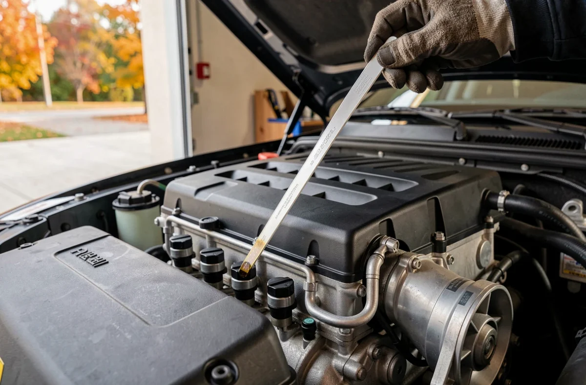 Vérification du niveau d'huile d'un moteur diesel moderne avec une jauge propre