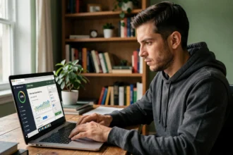 Homme vérifiant le statut de son VPN sur un ordinateur portable dans un bureau à domicile