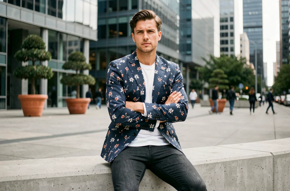 Homme en veste à fleurs bleu marine assis dans une place urbaine moderne, tendance mode masculine printemps