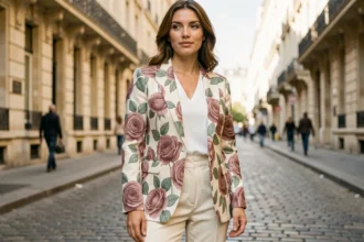 Femme portant une veste à imprimés fleuris sur une rue pavée parisienne, style mode printemps