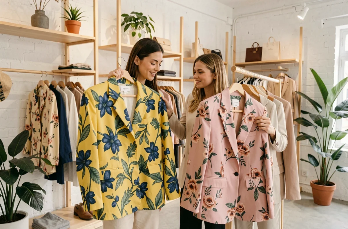 Deux femmes comparant des vestes à imprimés fleuris dans une boutique de mode contemporaine