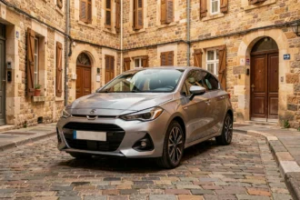 Voiture compacte moderne garée dans une rue pavée d'une ville provinciale française aux façades en pierre calcaire