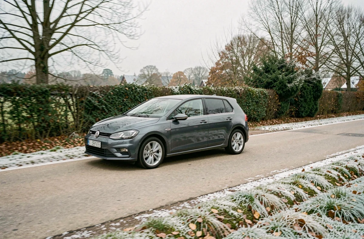 Voiture familiale roulant sur une route de campagne française en conditions hivernales avec pneus quatre saisons