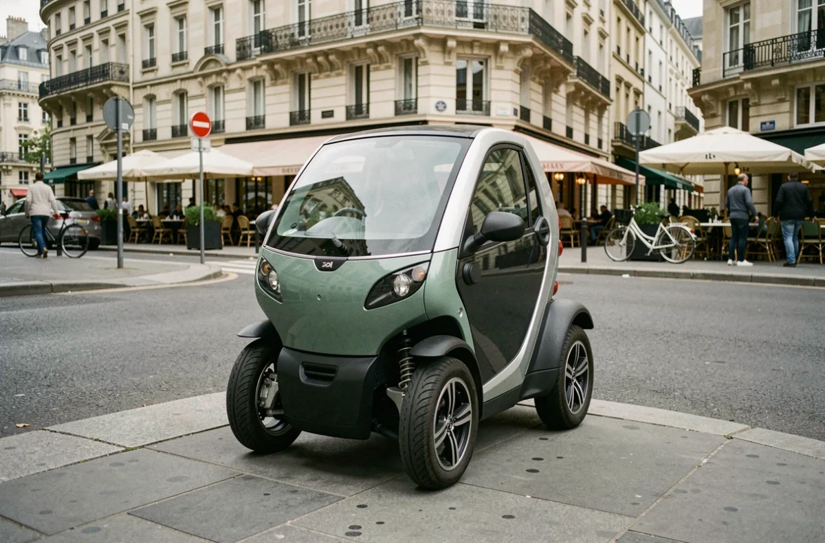 Voiture sans permis électrique garée à un coin de rue dans un quartier urbain européen