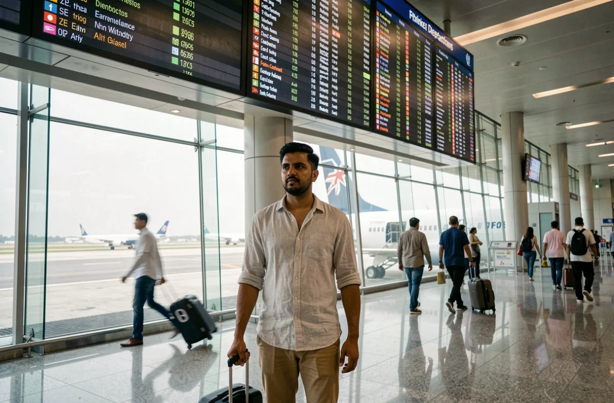 Voyageur indien devant un tableau des départs dans un aéroport international avant un tour du monde