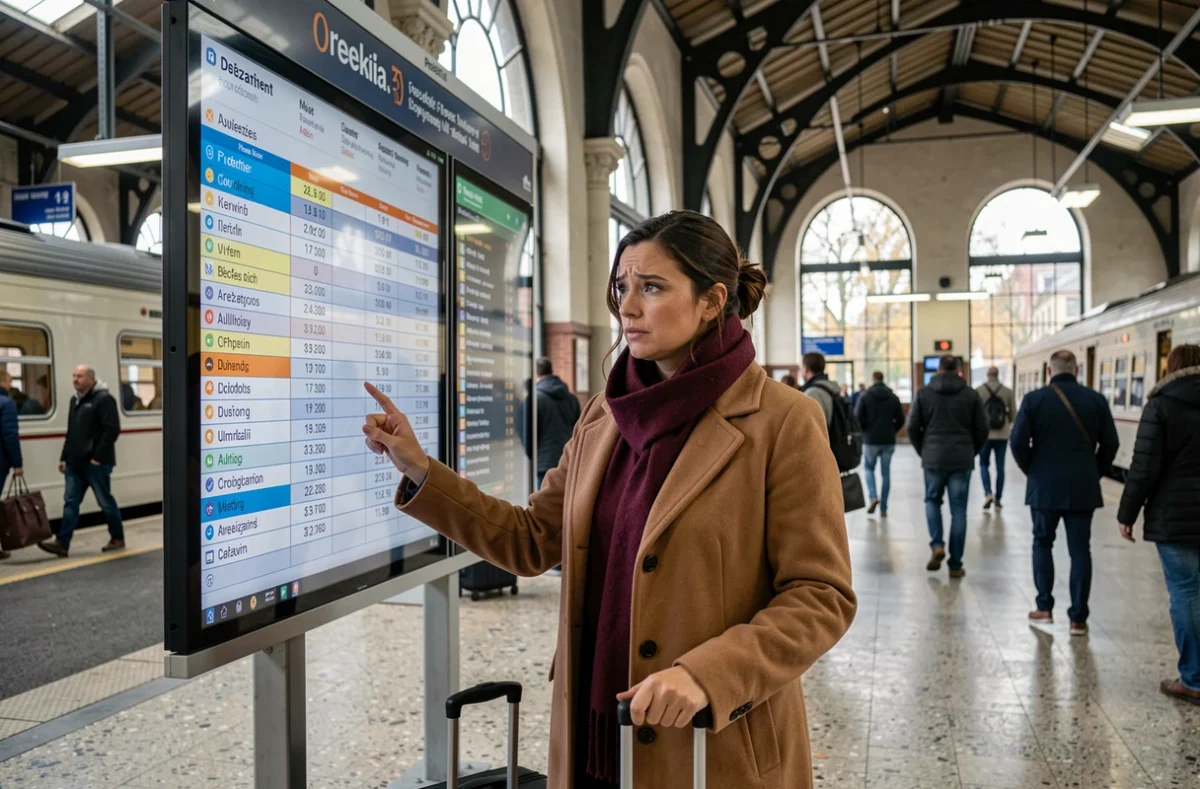 Voyageuse consultant les nouveaux horaires d'automne sur un écran d'affichage dans une gare régionale française