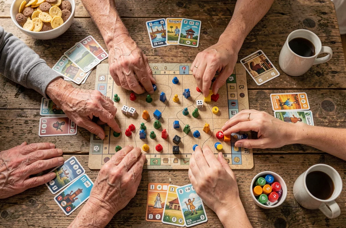 Vue aérienne rapprochée d'un jeu de société en cours avec les mains de plusieurs générations autour de la table