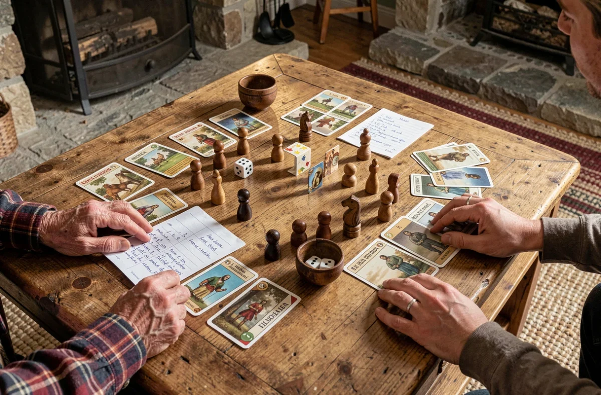 Vue aérienne d'un jeu de société en cours sur une table en chêne dans un salon provincial français