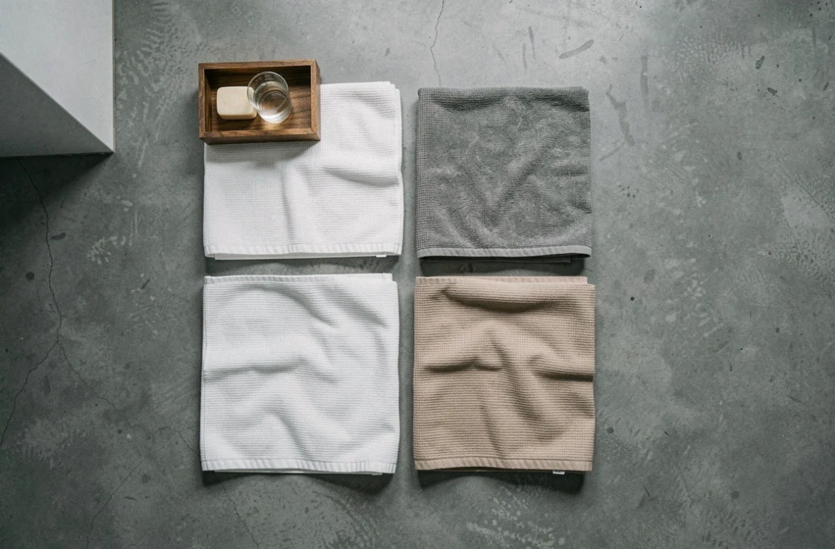 Vue de dessus de quatre serviettes minimalistes en tons neutres disposées sur un sol en béton avec accessoires de salle de bain épurés